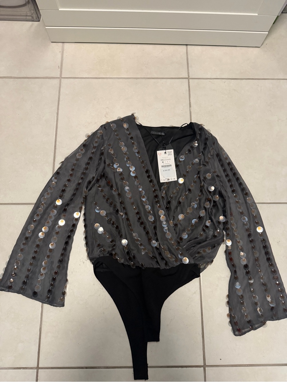 Zara Charcoal Gray Sequin Wrap Bodysuit
